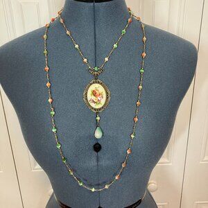 Handcrafted Vintage German Rose Floral Cabochon Necklace - 19" Long Upper Neckl.